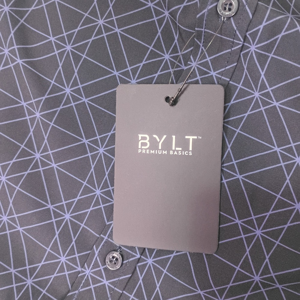 BYLT Riviera Short Sleeve Button Down Grid Navy Blue Mens Medium Stretch Casual - Picture 9 of 14